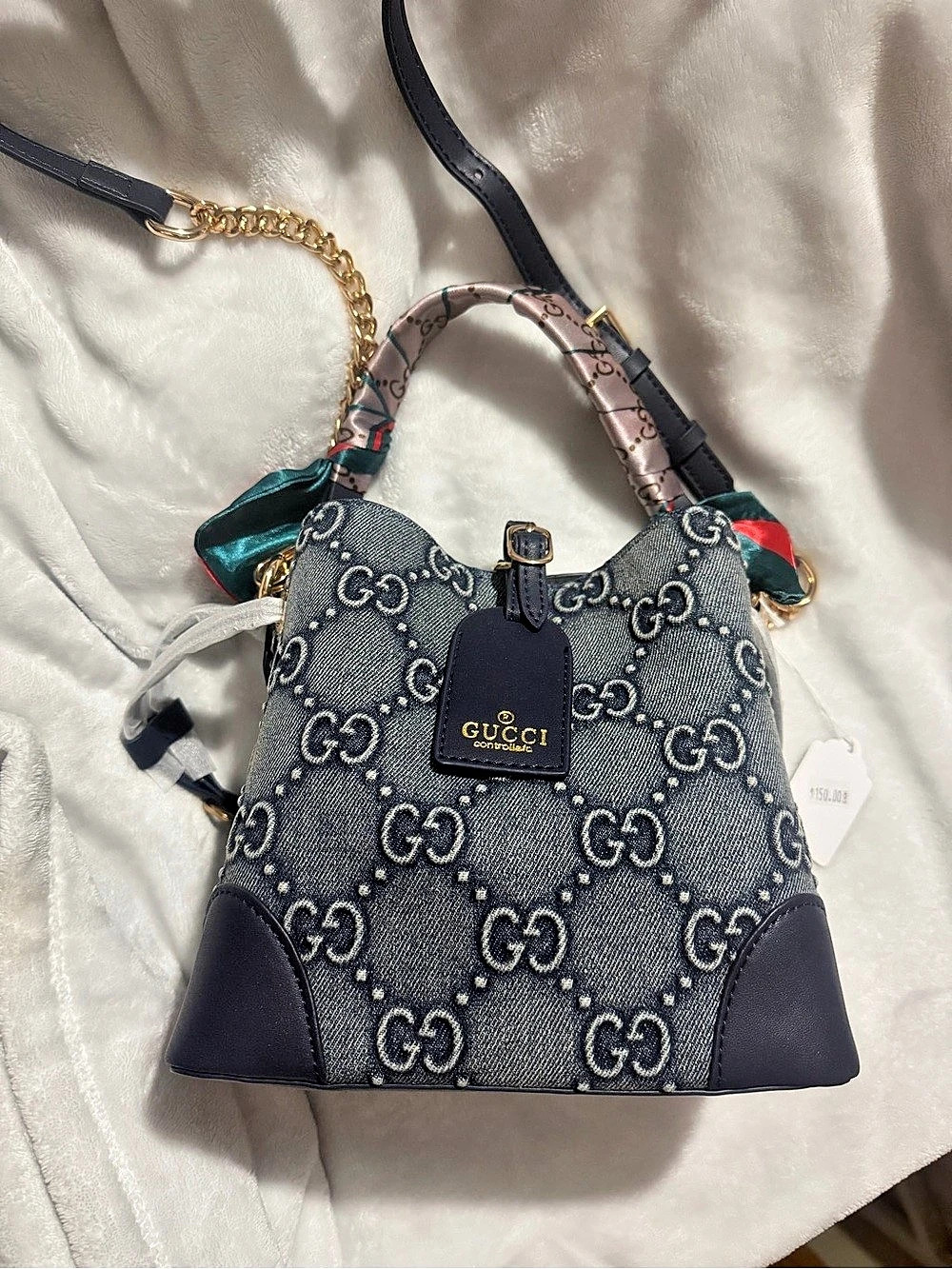 Denim Bucket Monogram Shoulder Bag in Blue w/ Gold Tone Hardware